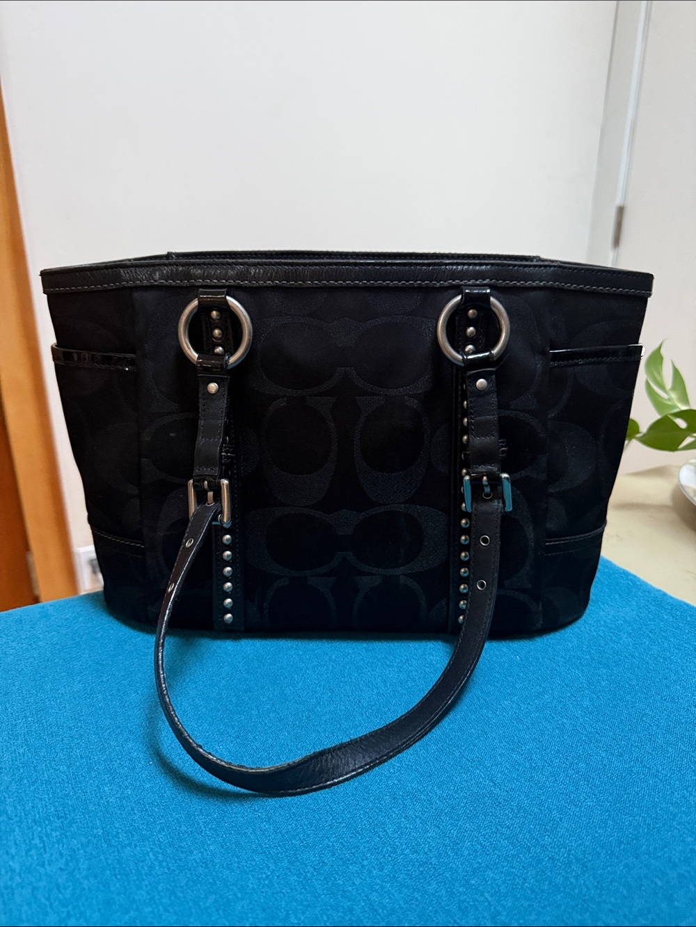 Vintage Coach Signature Studded Black Metallic Jacquard Gallery Tote